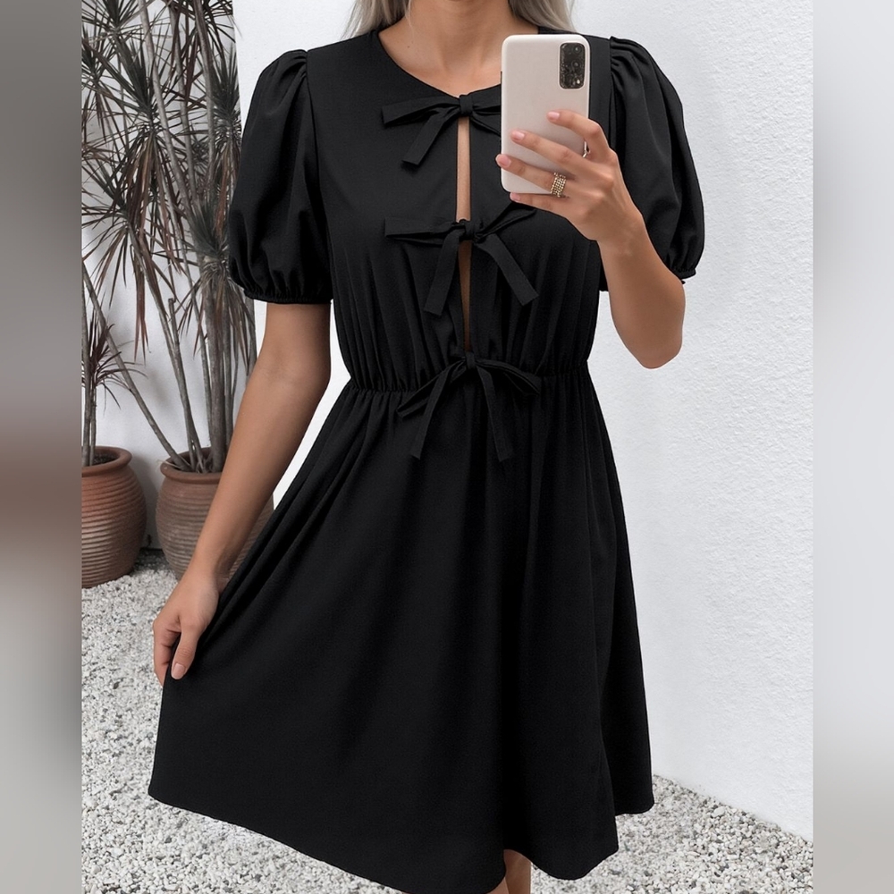 Black Puff Sleeve Tie Front Dress